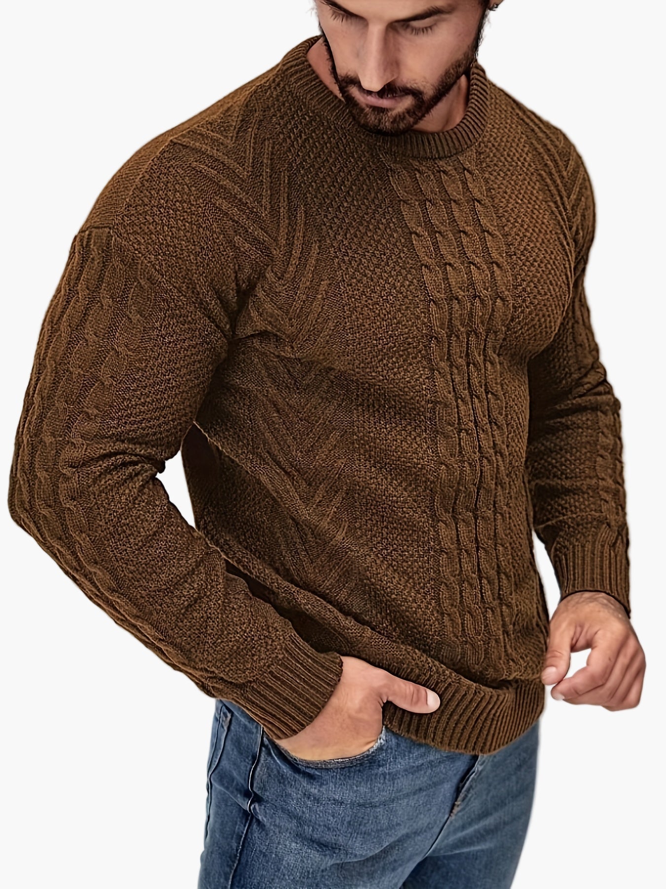 Jersey de punto trenzado para hombre estilo urbano casual – Mangas largas, elegante otoño/invierno