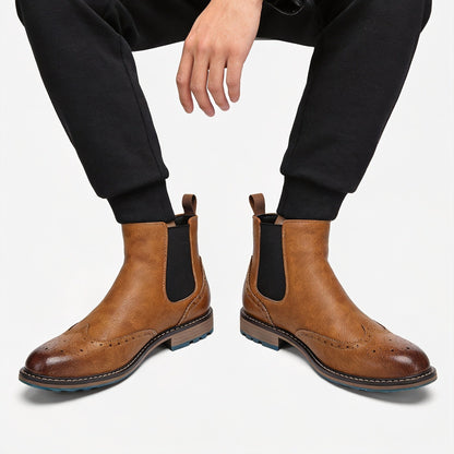 Bottes Chelsea Homme Marron Brogue Détails Perforés Élastiques Latéraux Semelle Bleue