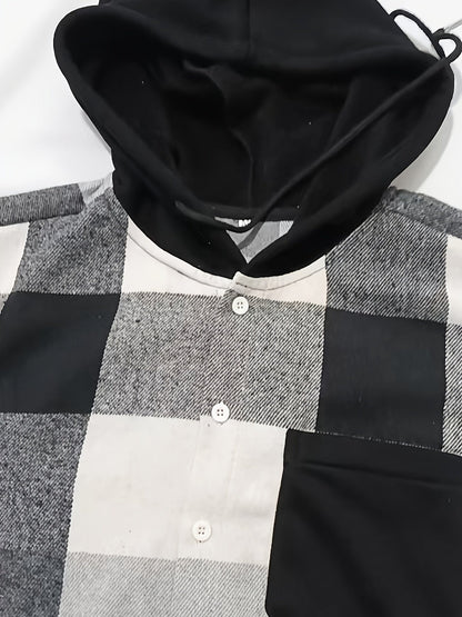 Veste à capuche homme à carreaux noir et blanc à boutonnage simple