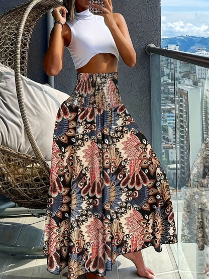 Falda larga de talle alto bohemia para mujer con estampados tropicales para el verano