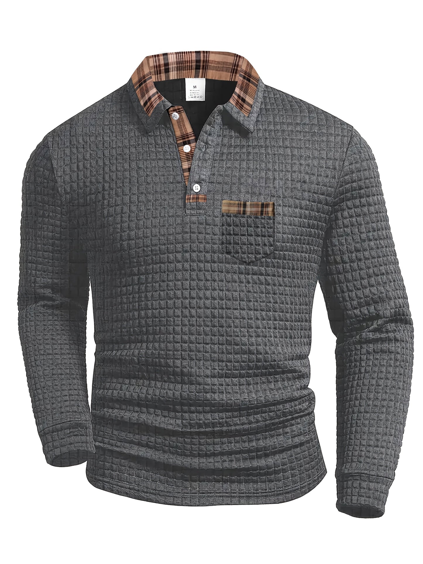 Polo homme à manches longues texturé motif gaufré avec col et poche à carreaux