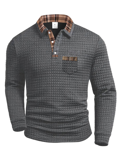 Polo homme à manches longues texturé motif gaufré avec col et poche à carreaux