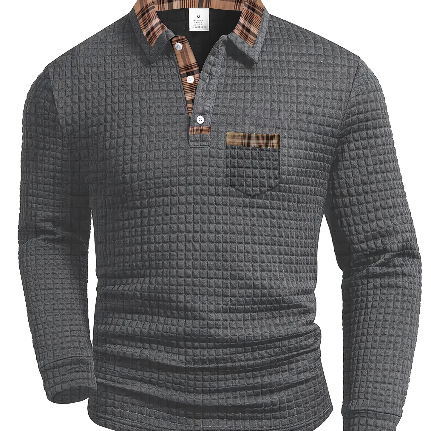 Polo homme à manches longues texturé motif gaufré avec col et poche à carreaux