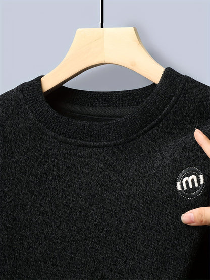 Sweat-shirt polaire homme à col rond, doublure chaude et côtelée, pull uni décontracté