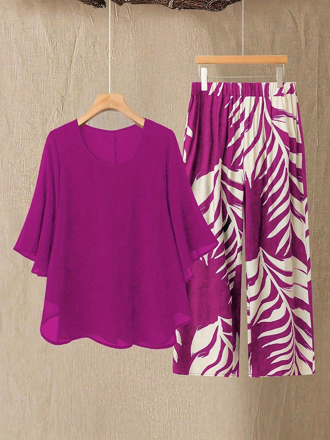 Ensemble Femme Élégant Décontracté Deux Pièces – Haut Fluide et Pantalon Imprimé Feuilles, Style Vacances Chic