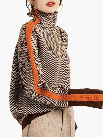 Maglione Invernale Donna Collo Alto Motivo Geometrico Stile Elegante Casual