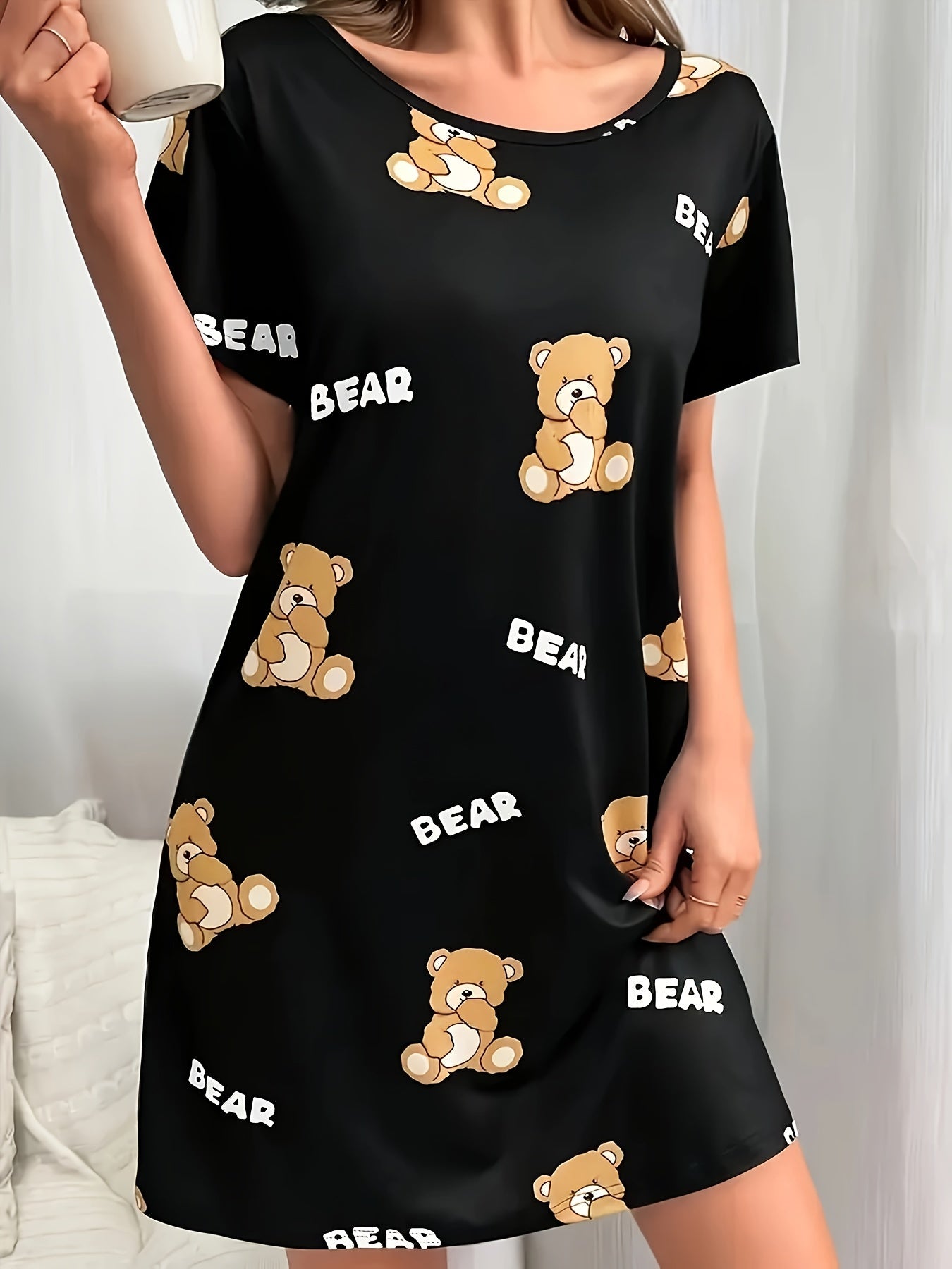 Chemise de nuit femme style tunique imprimé ourson, décontractée et confortable, idéale pour la maison