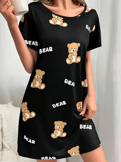 Chemise de nuit femme style tunique imprimé ourson, décontractée et confortable, idéale pour la maison