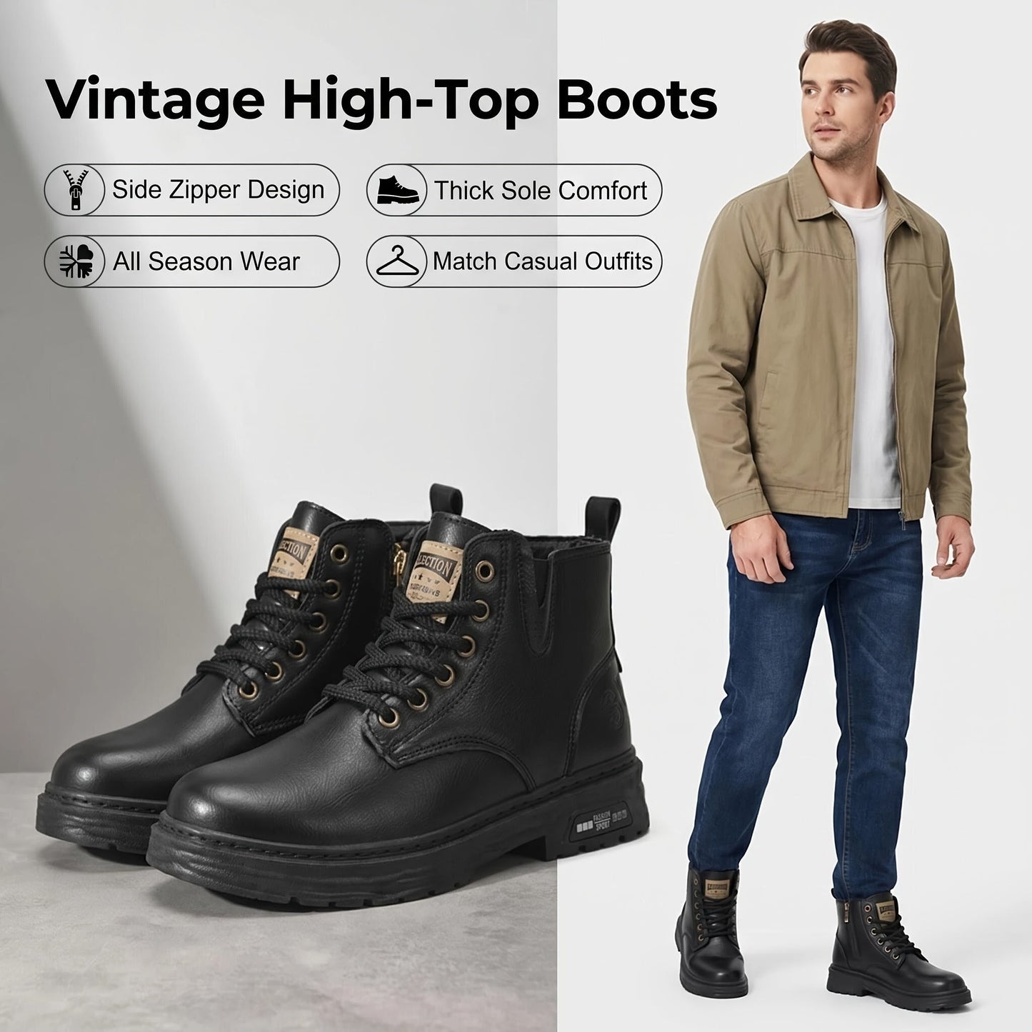 Bottes montantes homme noires à lacets et semelle épaisse