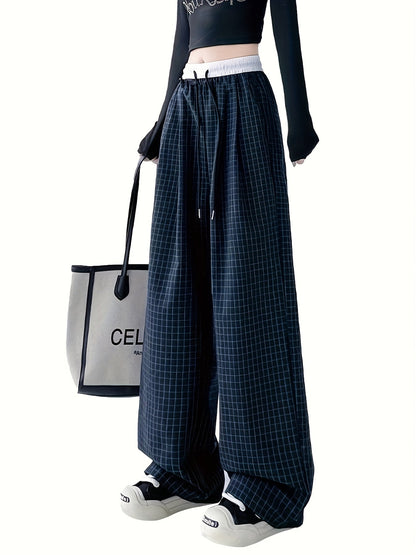 Pantalon large décontracté pour femme style urbain à carreaux