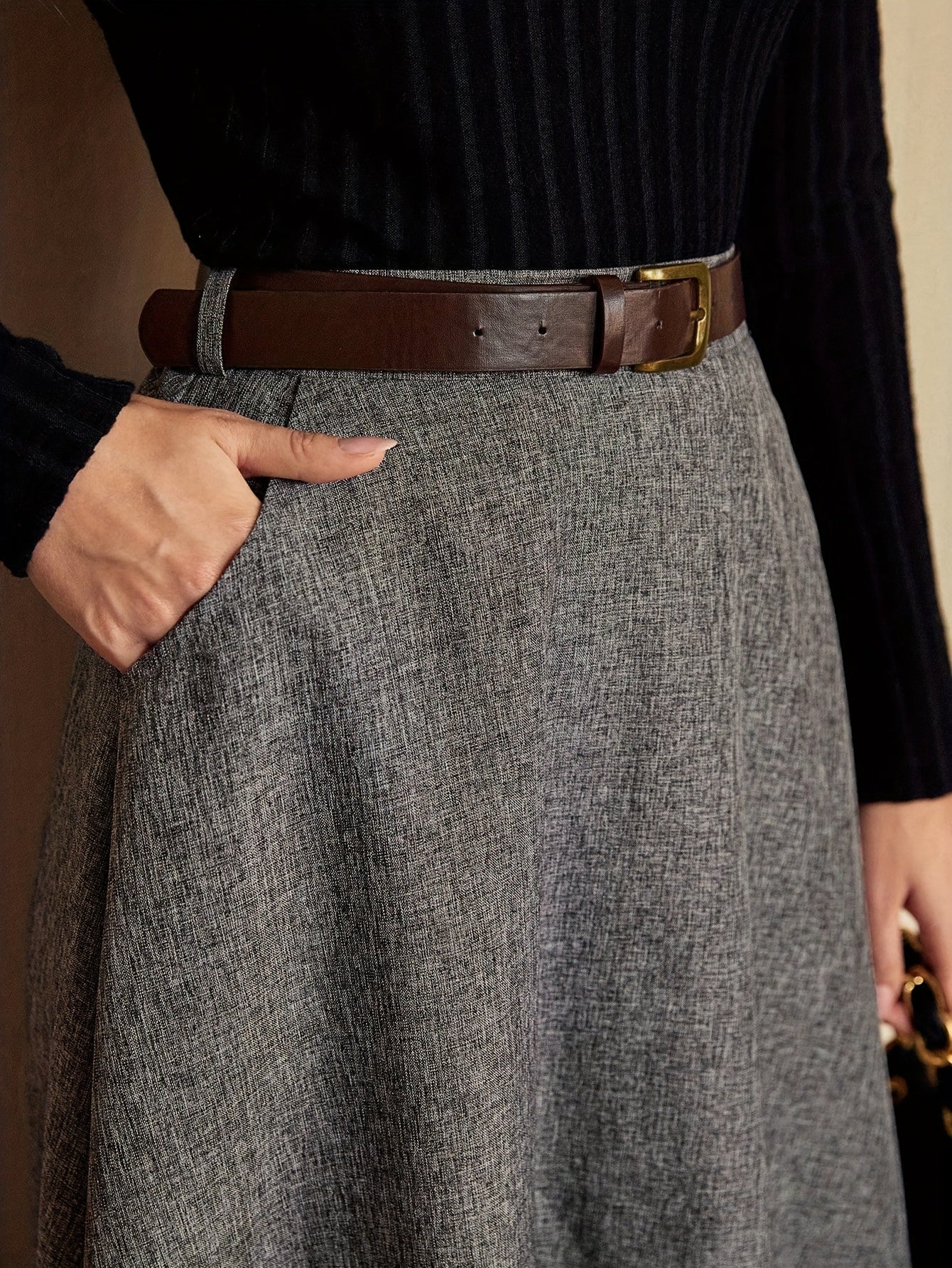 Jupe longue évasée taille haute unie gris chiné pour femme