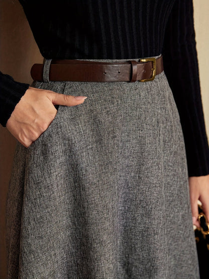 Jupe longue évasée taille haute unie gris chiné pour femme