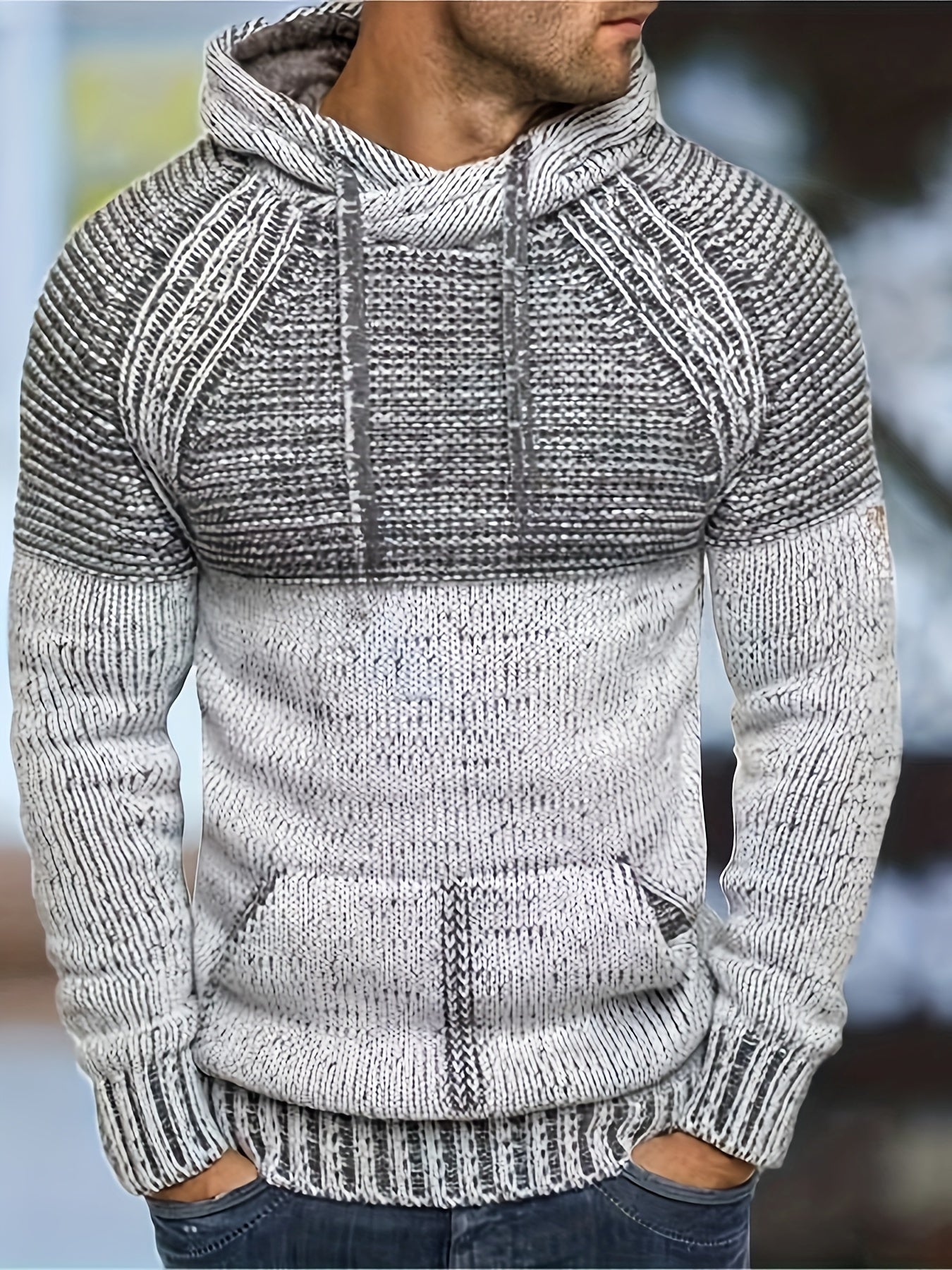 Sweat à Capuche Homme Bicolore Gris Tricot Texturé