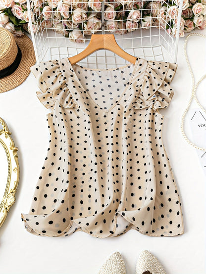 Women's polka dot blouse with elegant style, ruffled sleeves, V-neck for office and outings