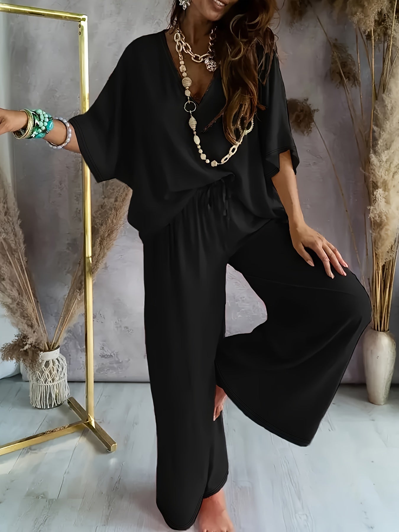 Combinaison Pantalon Femme Style Décontracté Chic à Manches Courtes et Col V – Parfaite pour Printemps et Été