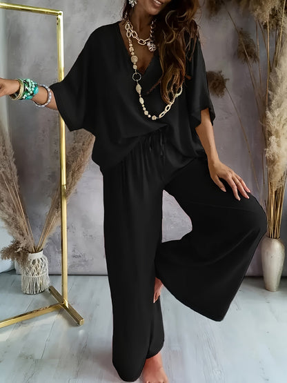 Combinaison Pantalon Femme Style Décontracté Chic à Manches Courtes et Col V – Parfaite pour Printemps et Été