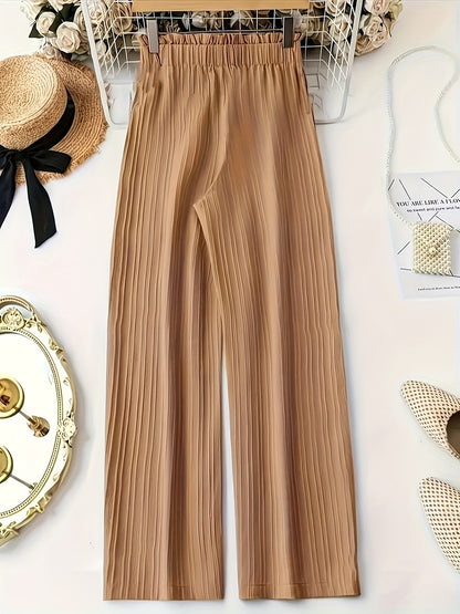Pantalon large droit à taille élastique avec ceinture nœud pour femme, style élégant décontracté