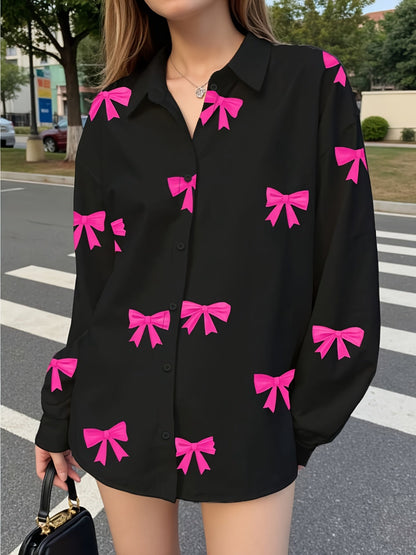 Chemise Femme Noire à Nœuds Roses Manches Longues Boutonnée