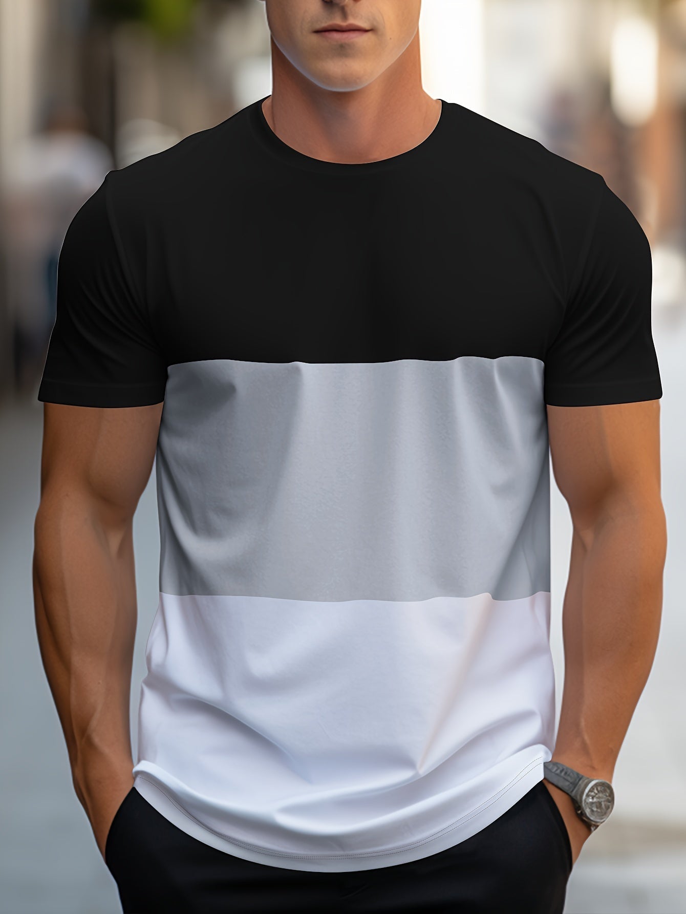 T-shirt Homme Style Décontracté à Bandes Contraste pour Usage Quotidien