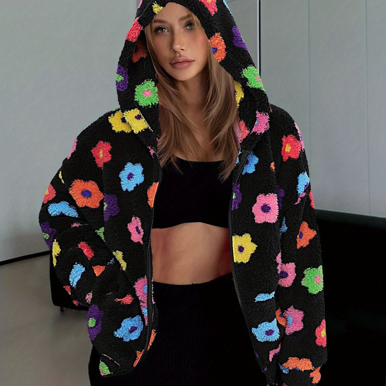 Veste à capuche douce motif fleurs colorées pour femme