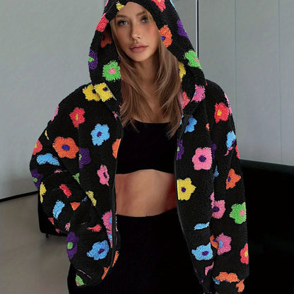 Veste à capuche douce motif fleurs colorées pour femme