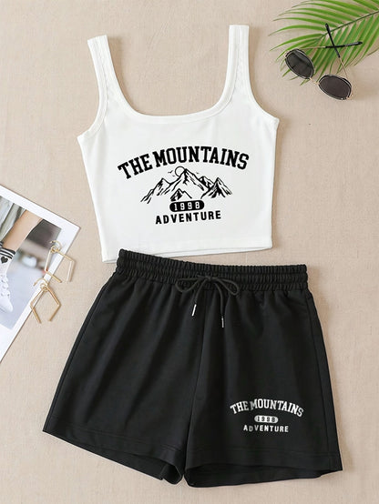 Ensemble Décontracté Femme Style Aventure Montagne – Top Court et Short, Look Sportif et Estival