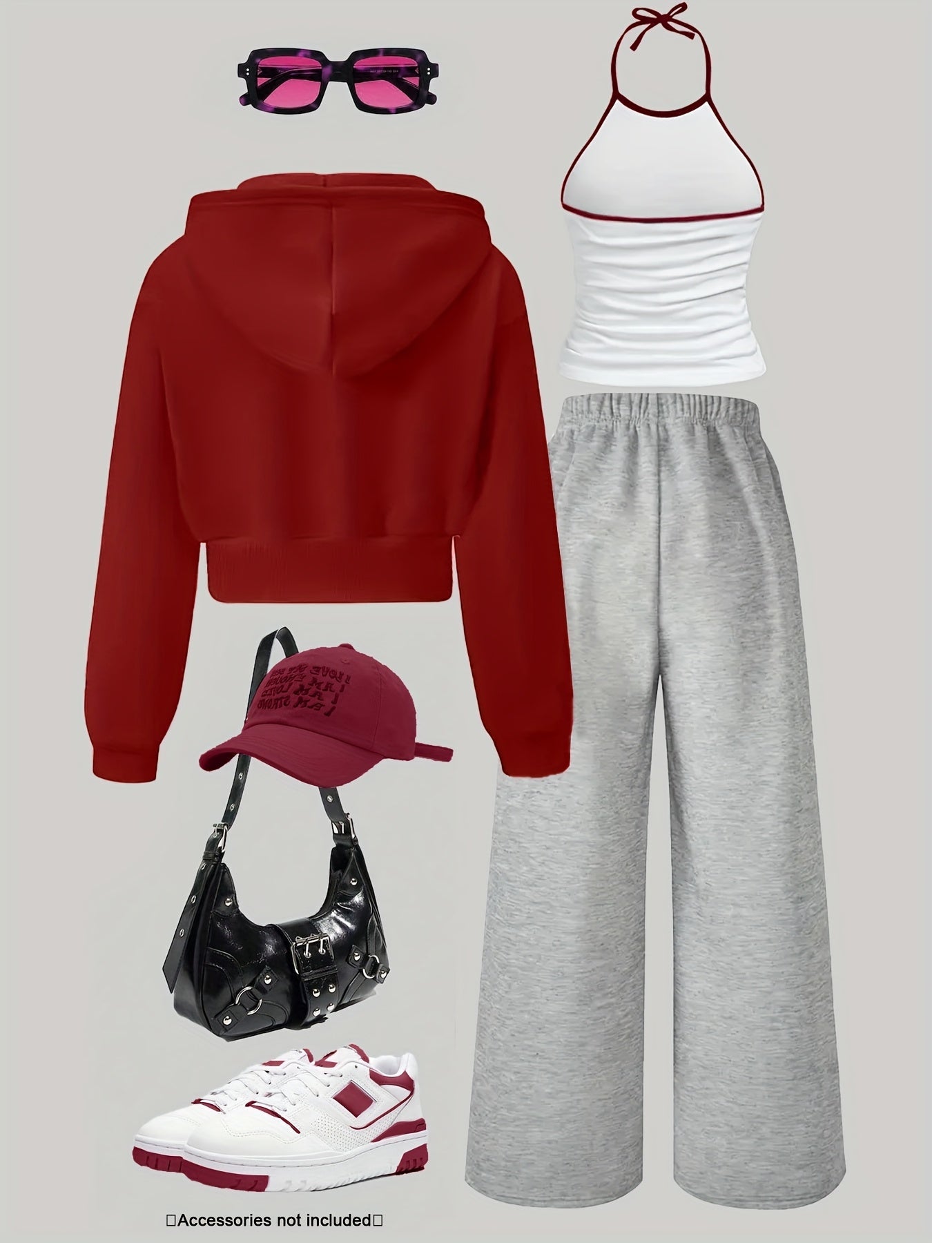 Ensemble Sportif Décontracté Femme 3 Pièces : Sweat à Capuche Court Zippé, Débardeur Halter et Pantalon Large Molletonné