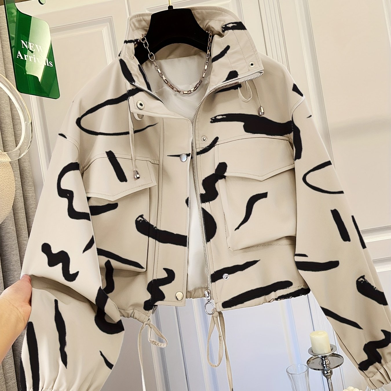 Veste courte à motif floral et abstrait pour femme avec col montant et cordon de serrage