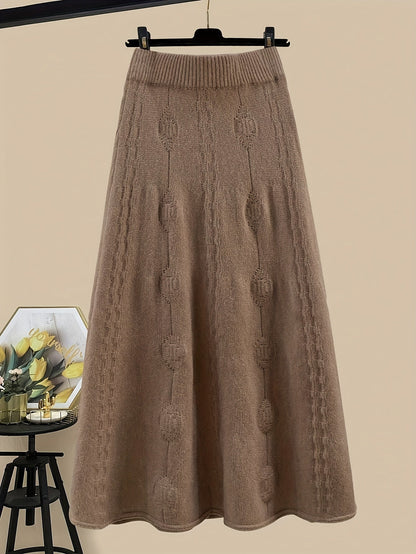 Ensemble Jupe Longue Tricotée et Pull Col Roulé Femme Bicolore Marron Crème Motif Torsadé