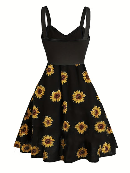 Abito vintage donna stile retrò con spalline, motivo girasole, ideale per l'estate e le occasioni informali
