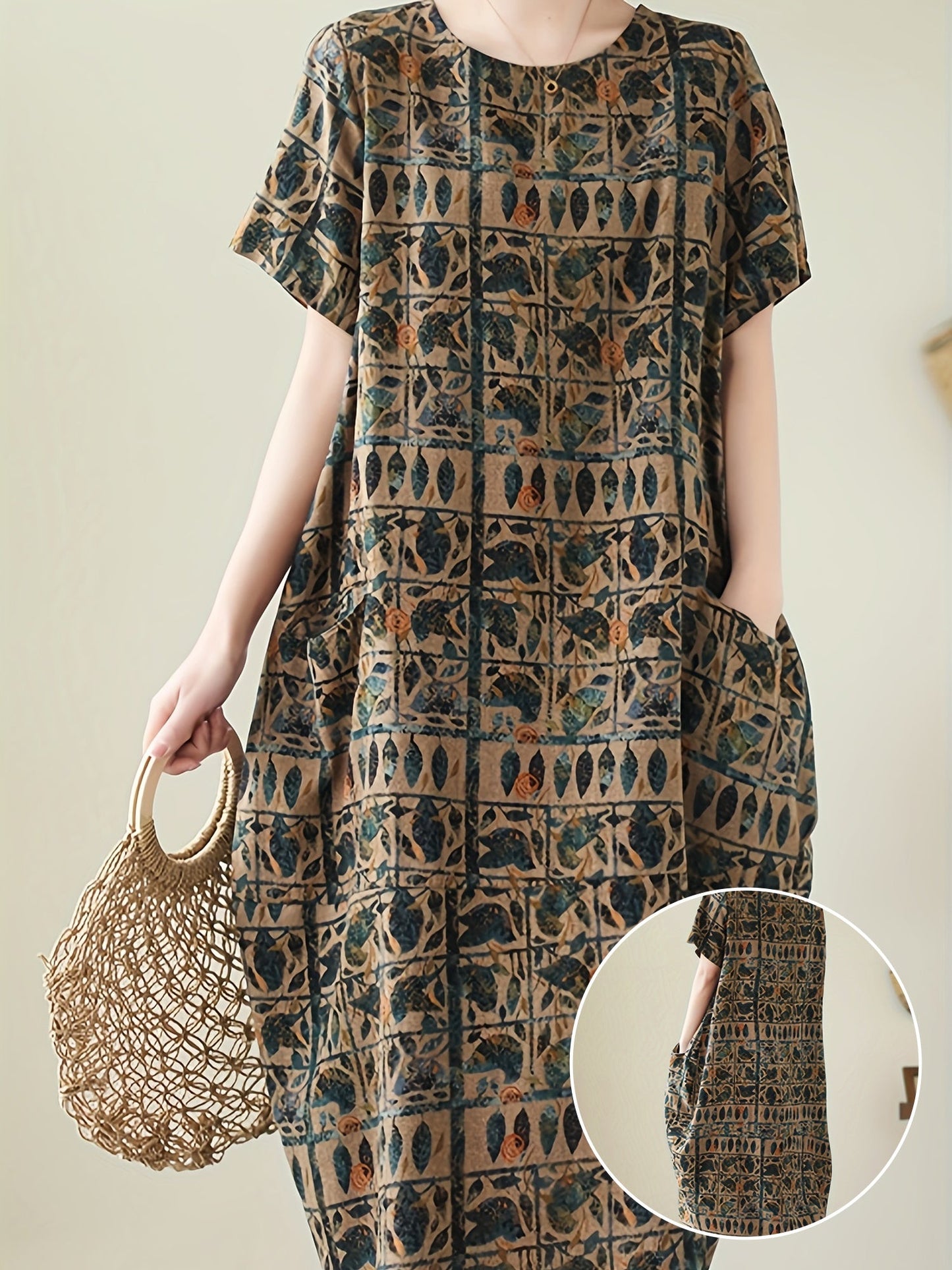 Abito casual a maniche corte da donna stile artistico bohémien ampio con stampa geometrica e botanica