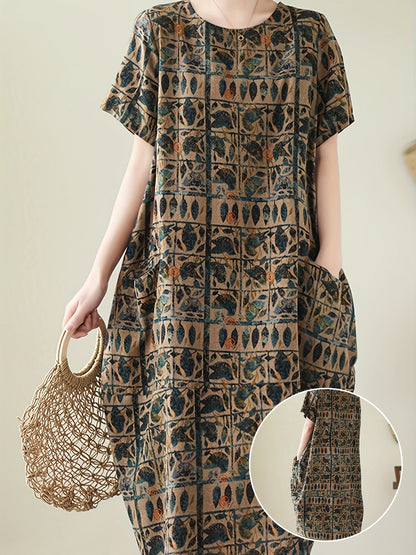 Abito casual a maniche corte da donna stile artistico bohémien ampio con stampa geometrica e botanica
