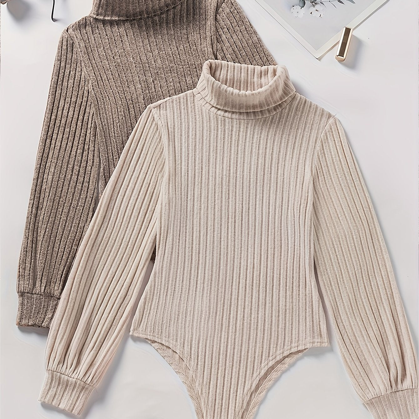 Body col roulé femme côtelé manches longues beige