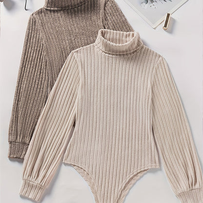 Body col roulé femme côtelé manches longues beige