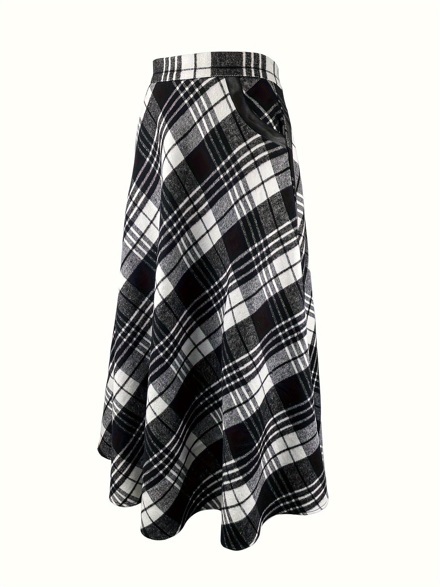 Jupe longue évasée à carreaux style écossais noir et blanc pour femme