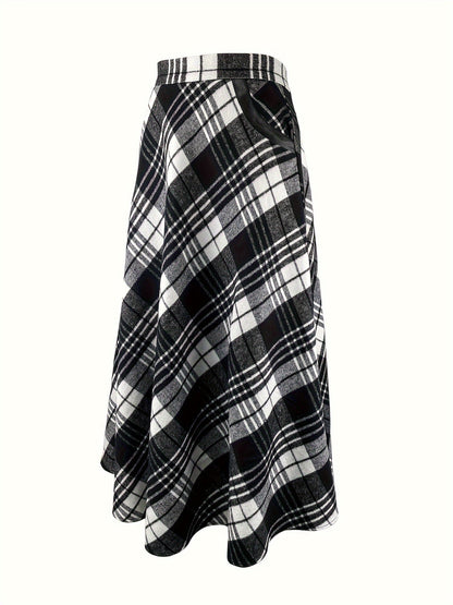 Jupe longue évasée à carreaux style écossais noir et blanc pour femme