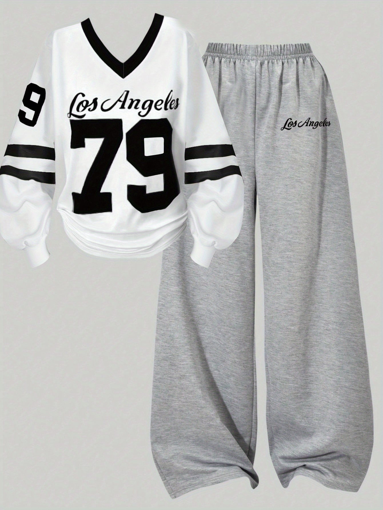 Ensemble Sport Décontracté Femme Col V Manches Longues & Pantalon Large Gris Los Angeles
