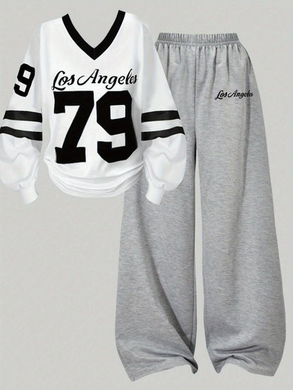 Ensemble Sport Décontracté Femme Col V Manches Longues & Pantalon Large Gris Los Angeles