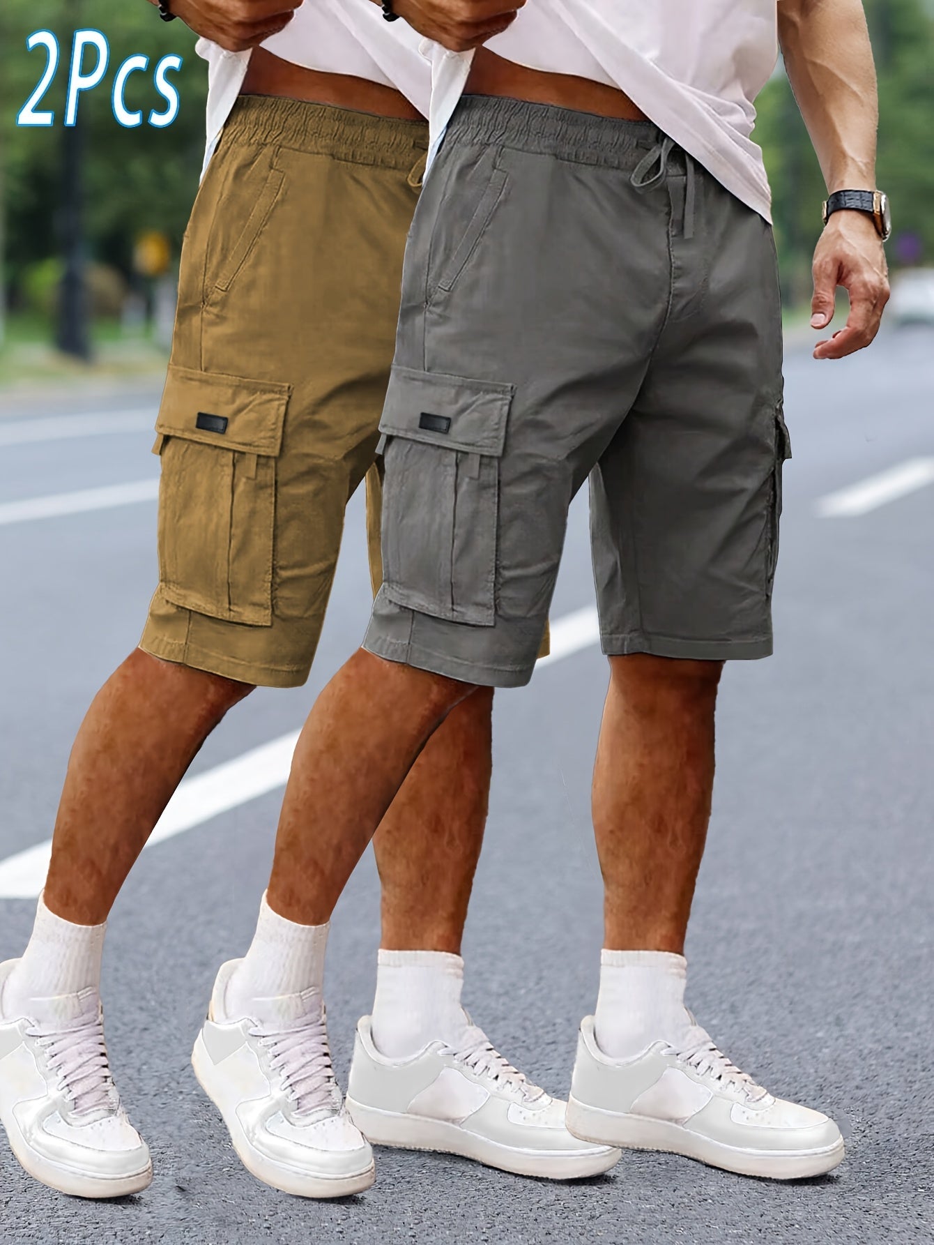 Shorts cargo casual da uomo 2 pezzi, stile urbano e versatile, ideali per il tempo libero e le attività all'aperto
