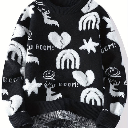 Pull tricoté col rond à motifs variés pour homme - Noir, Blanc ou Rouge