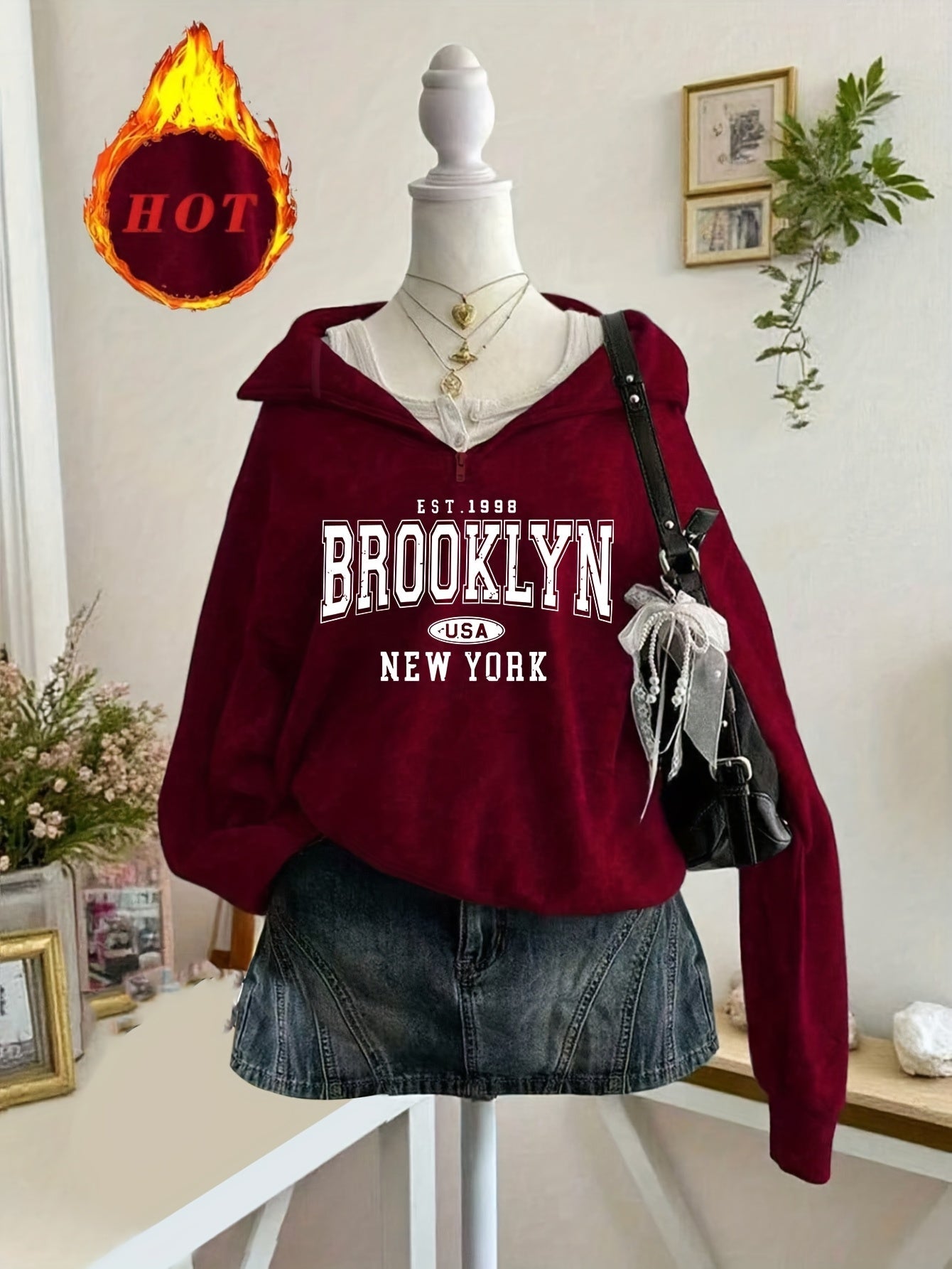 Sweat-shirt col zippé brodé Brooklyn à manches longues pour femme