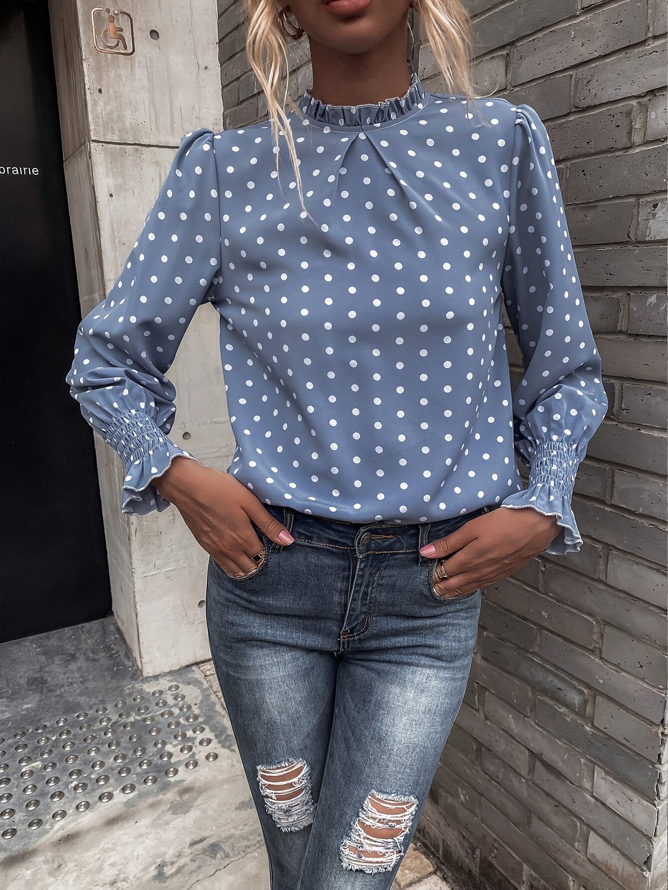 Chemisier Femme à Pois Col Montant Manches Longues Bleue