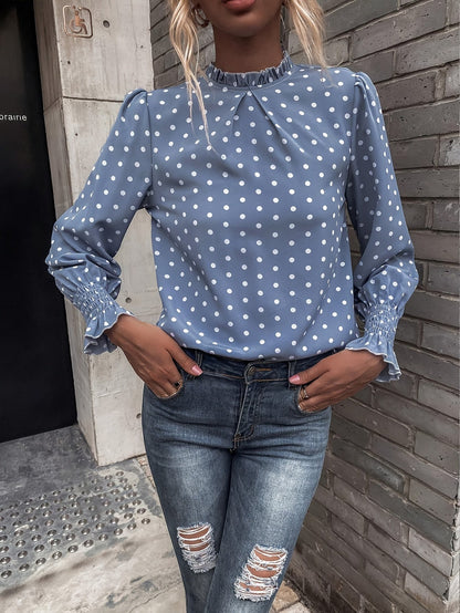Chemisier Femme à Pois Col Montant Manches Longues Bleue