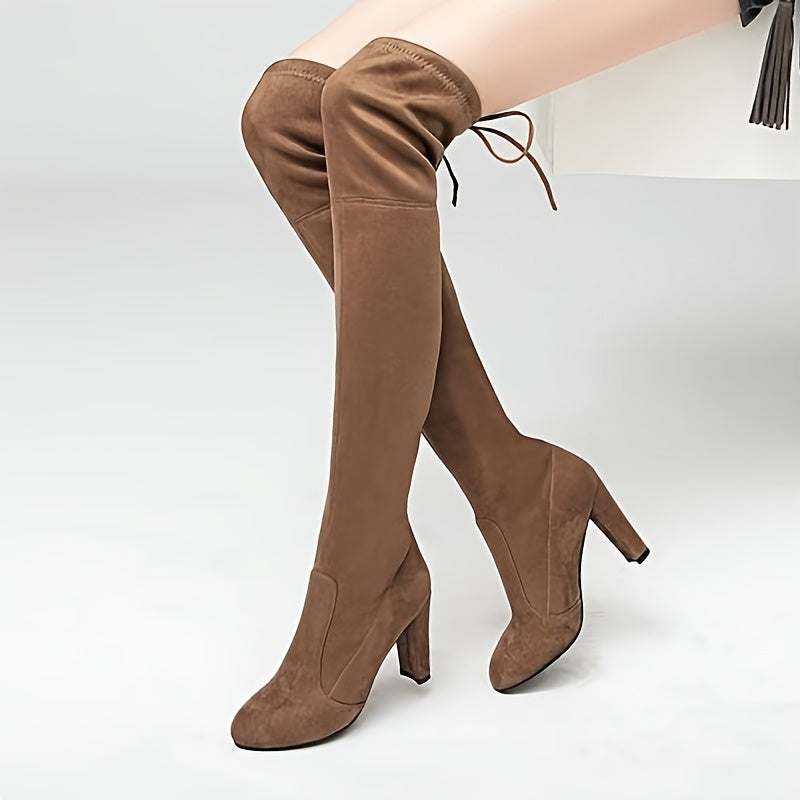 Bottes Cuissardes Femme à Talon Carré Épais et Lacets Arrière - Style Élégant et Confortable