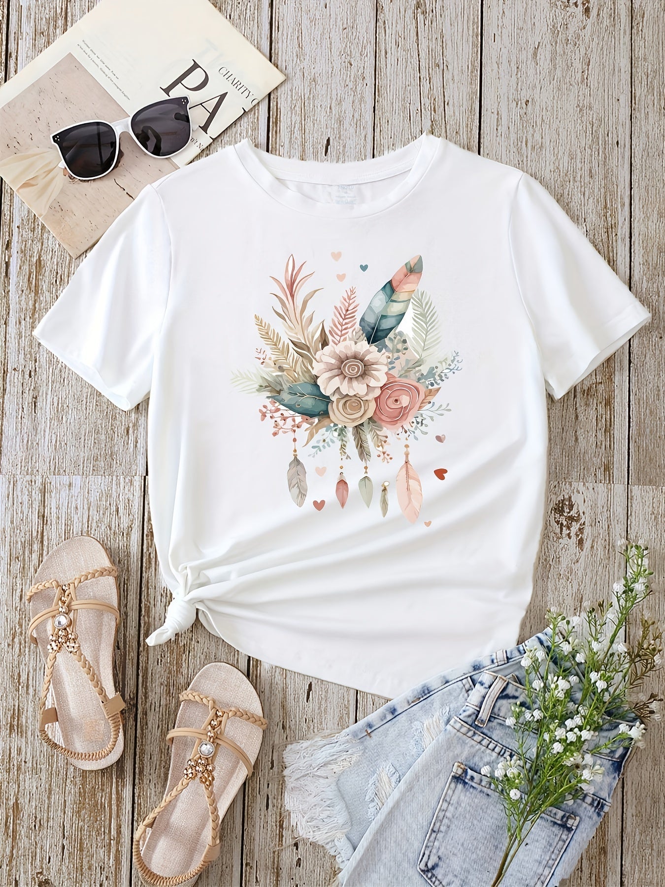 Dames T-shirt Boheemse Stijl Bloemen- en Veerprint, Casual Zomer