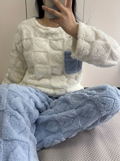 Pyjama Femme Doux Bicolore Motif Cœurs avec Poche Poitrine