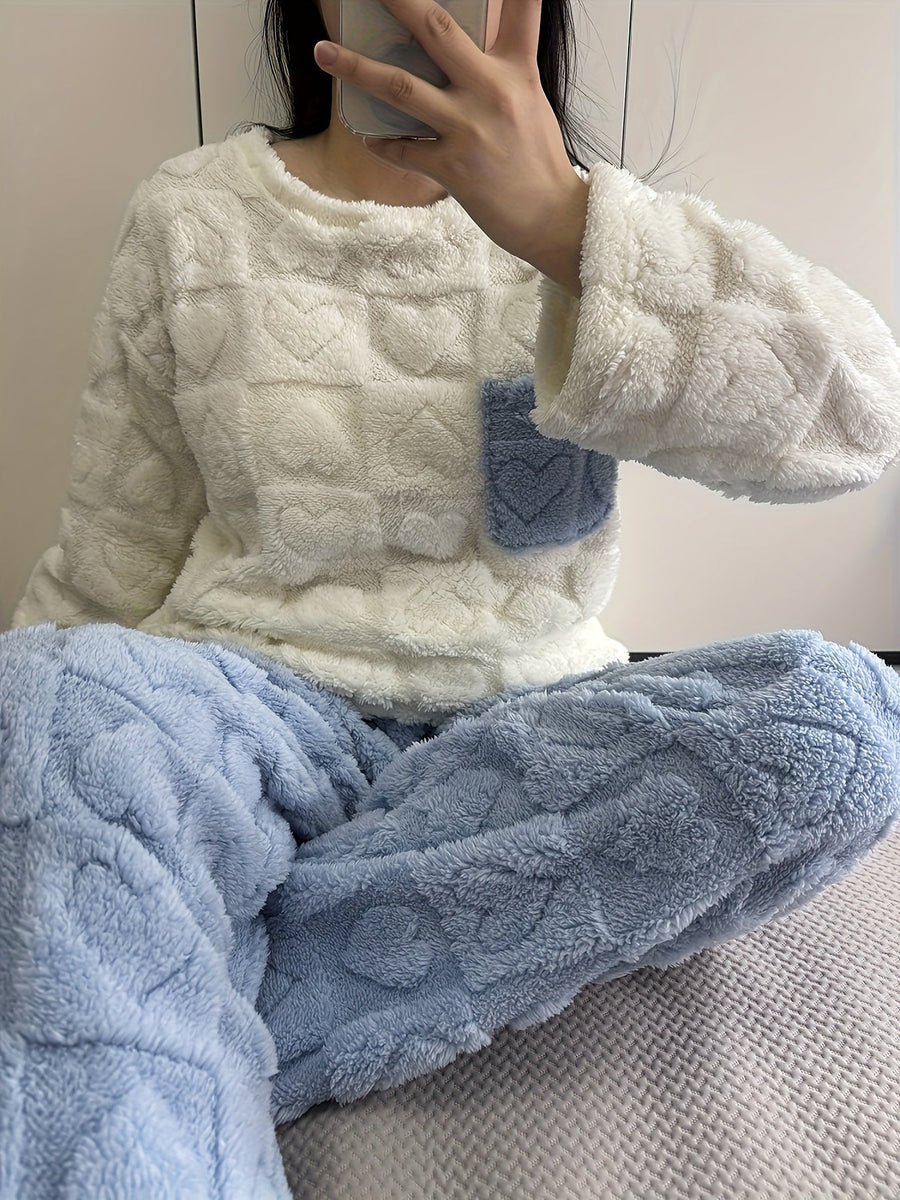 Pyjama Femme Doux Bicolore Motif Cœurs avec Poche Poitrine