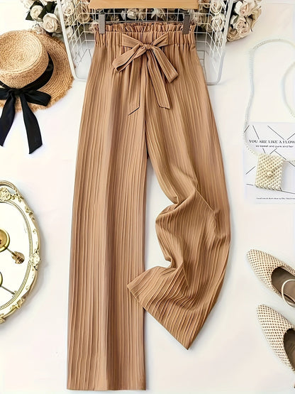 Pantalon large droit à taille élastique avec ceinture nœud pour femme, style élégant décontracté