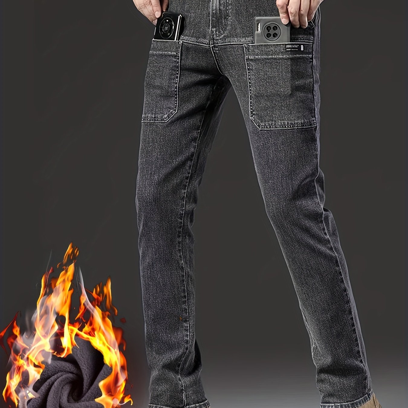 Jean Cargo Homme Hiver Doublé Polaire Coupe Droite Poches Multiples Couleur Unie