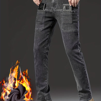 Jean Cargo Homme Hiver Doublé Polaire Coupe Droite Poches Multiples Couleur Unie